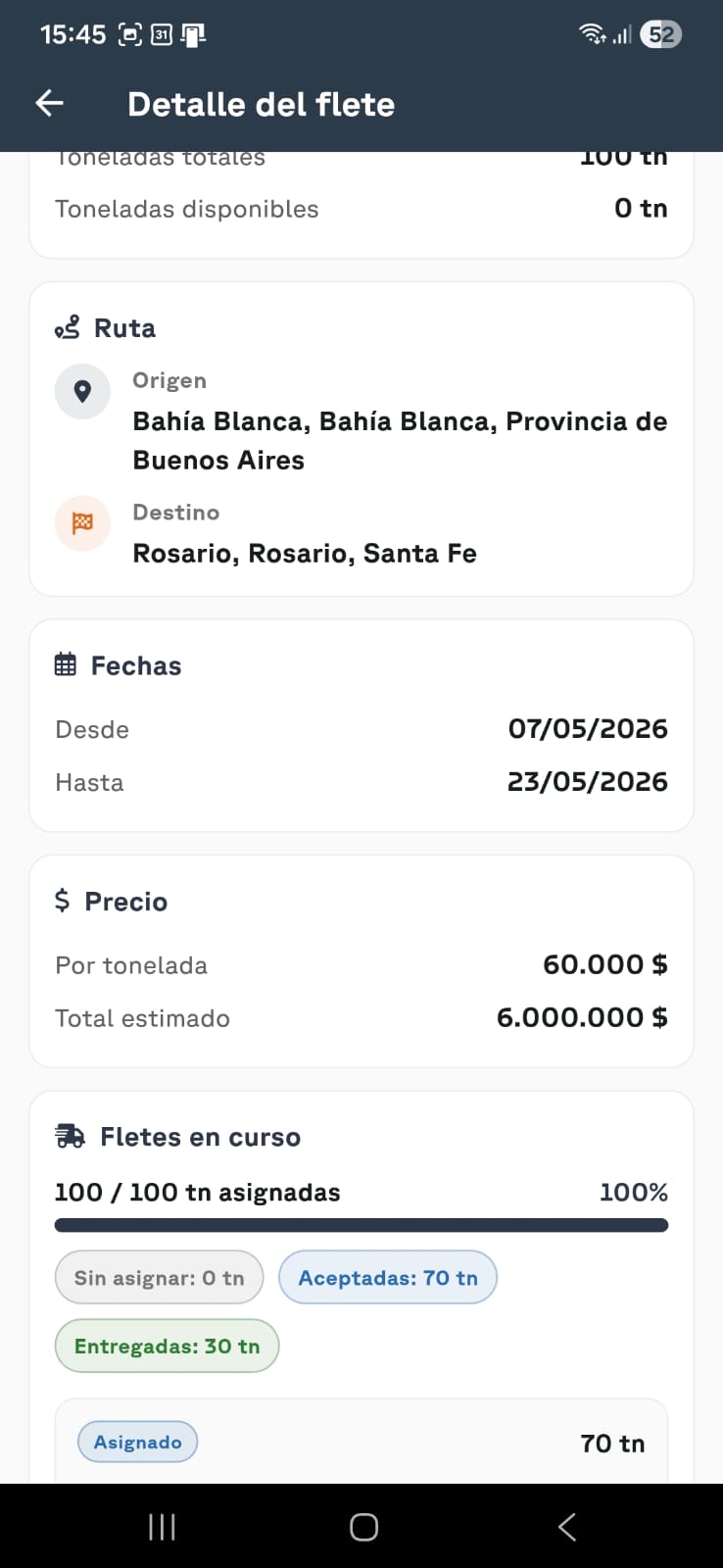 Detalle de un flete con ruta y precio