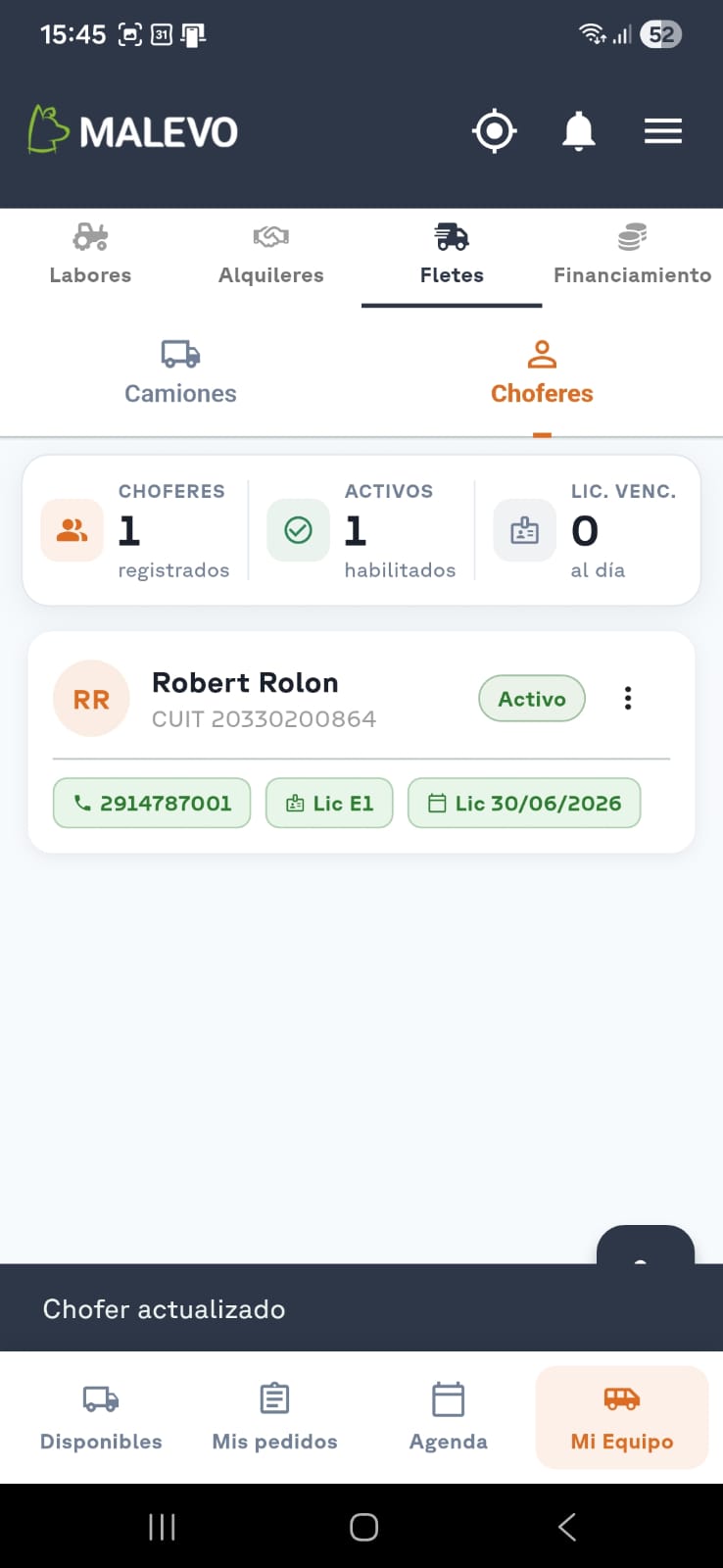 Gestión de choferes del equipo