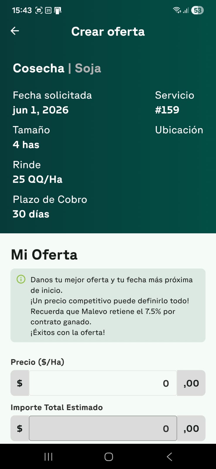 Pantalla para crear una oferta